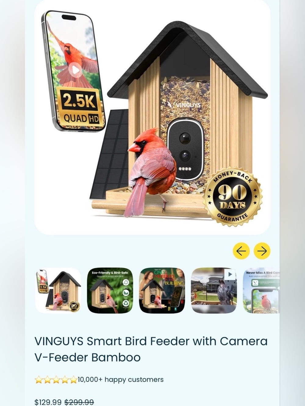 Bamboo Smart Bird Feeder with Black Roof — 2.5K Camera